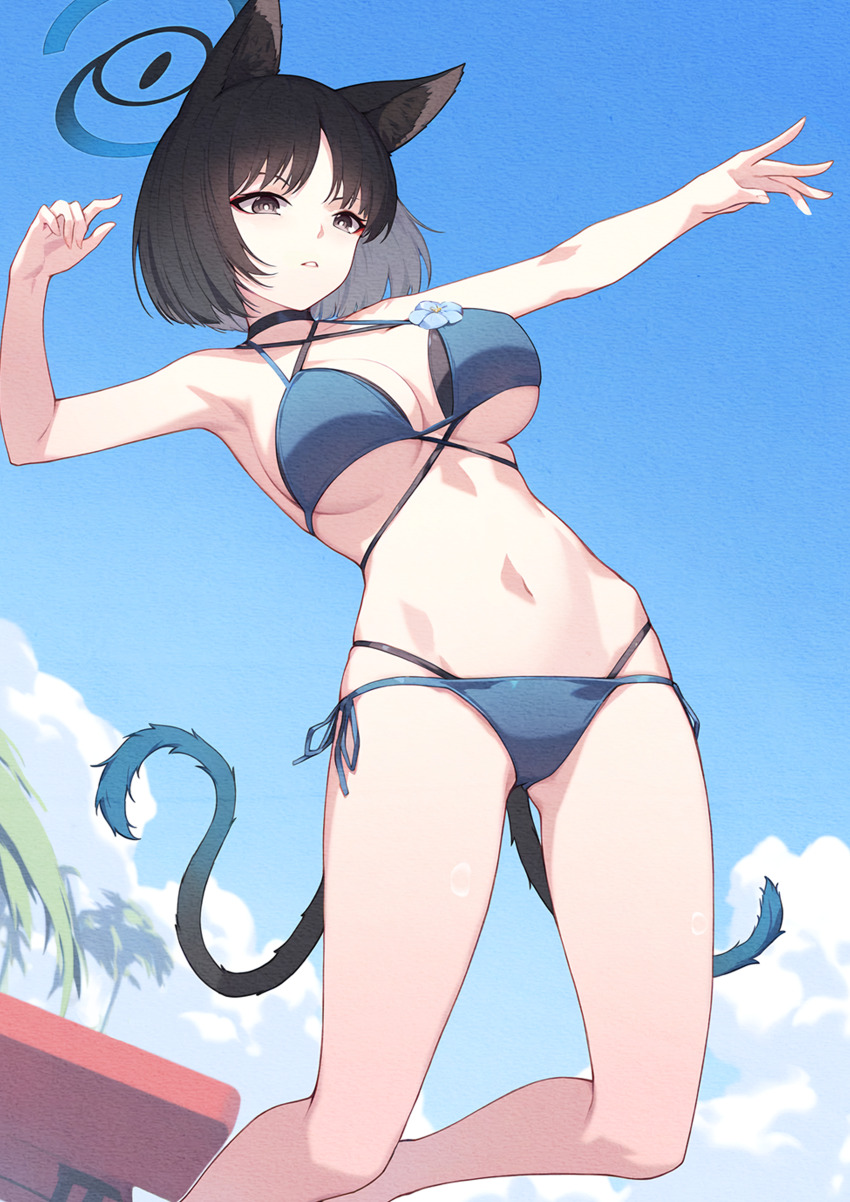 1girl absurdres animal_ear_fluff animal_ears bare_arms bare_legs bare_shoulders bikini black_choker black_eyes black_hair blue_archive blue_bikini blue_halo cat_ears cat_girl cat_tail choker gradient_tail halo highres jumping kikyou_(blue_archive) kikyou_(swimsuit)_(blue_archive) multiple_tails navel nokku_(ren_nokku) official_alternate_costume parted_bangs short_hair solo stomach swimsuit tail two_tails