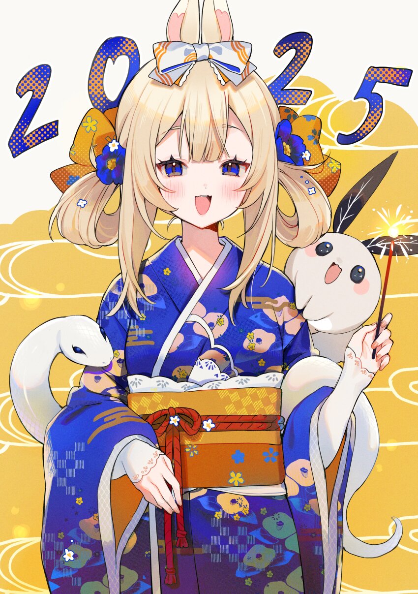 1girl 2025 :d absurdres animal_ears blonde_hair blue_eyes blue_flower blue_kimono blush bow center-flap_bangs character_request chinese_zodiac clothing_request commentary copyright_request creature_request english_commentary fingernails floral_print flower hair_bow hair_flower hair_ornament hair_rings hand_up happy_new_year highres holding holding_fireworks japanese_clothes kimono long_hair long_sleeves looking_at_viewer new_year obi open_mouth orange_background orange_bow orange_sash print_bow print_kimono rabbit_ears rabbit_girl sash smile snake solo teeth two-tone_background upper_teeth_only white_background white_bow white_snake wide_sleeves year_of_the_snake yenkoes