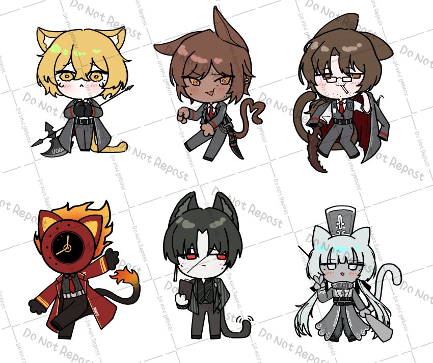 1other 2girls 3boys absurdres animal_ears black_hair black_pants black_shirt black_vest blonde_hair blush cat_ears cat_tail charon_(project_moon) clock closed_mouth coat collared_shirt crying dante_(limbus_company) fire flame-tipped_tail full_body gregor_(project_moon) heart heart_tail highres jjong_(7_jjong_9) limbus_company looking_at_viewer multiple_boys multiple_girls necktie object_head open_mouth outis_(project_moon) pants parted_bangs project_moon red_coat red_eyes red_necktie shirt sinclair_(project_moon) smile tail vergilius_(project_moon) vest white_eyes white_hair yellow_eyes
