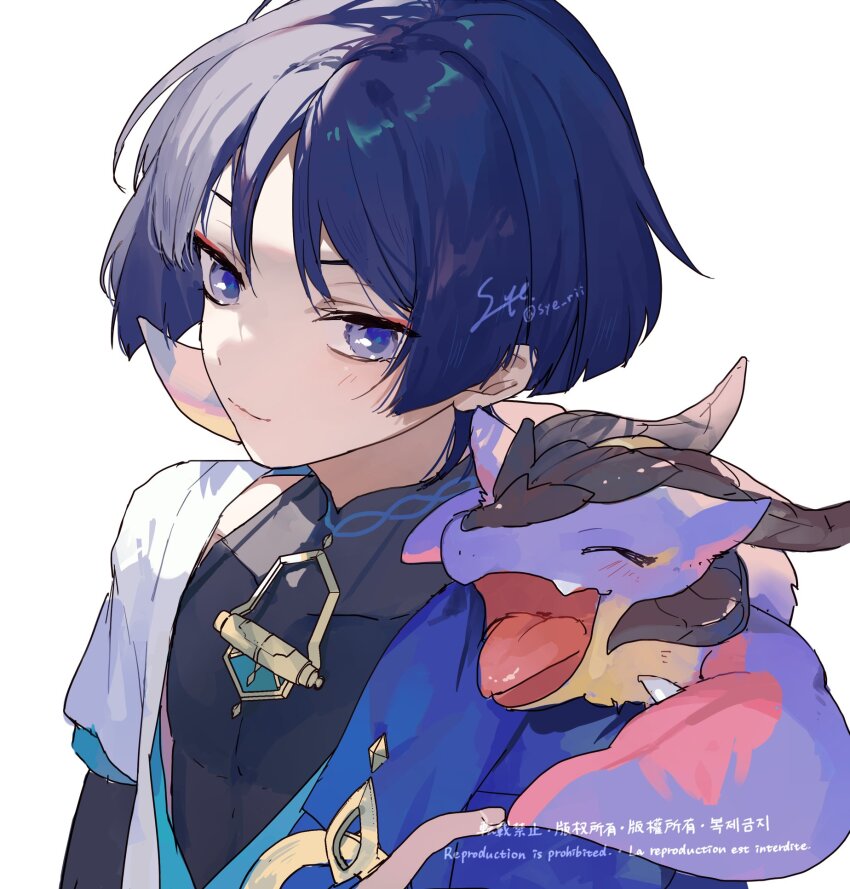 1boy animal animal_on_shoulder aqua_sleeves arm_at_side black_bodysuit black_hair blue_cape blunt_ends bodysuit cape dragon eyeliner eyeshadow genshin_impact gold highres japanese_clothes kimono layered_sleeves looking_at_another makeup male_focus mandarin_collar mini_durin_(dragon)_(genshin_impact) mini_durin_(genshin_impact) open_clothes open_kimono parted_bangs purple_eyes red_eyeliner red_eyeshadow scaramouche_(genshin_impact) short_sleeves shoulder_peek sideways_glance signature small_dragon smile syerii twitter_username wanderer_(genshin_impact) watermark white_background white_kimono white_sleeves