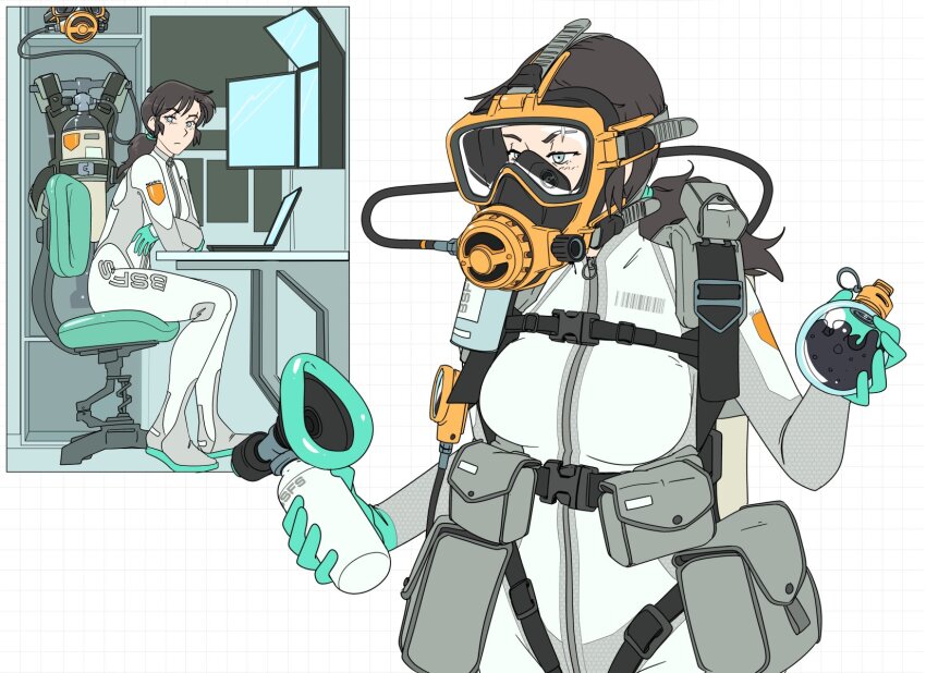 1girl barcode belt_pouch bodysuit bottle brown_hair bsfs chair checkered_background commander_rab(layer_industries) computer diving_regulator gauge gloves green_gloves grey_bodysuit grey_eyes grid_background highres holding holding_bottle holding_mask hose laptop latex latex_gloves mask medium_hair multiple_views on_chair original oxygen_mask oxygen_tank ponytail pouch rubber_gloves safety_pin scar scar_on_face scar_on_forehead scuba scuba_gear scuba_tank sitting skin_tight strap surveillance thigh_pouch two-tone_bodysuit