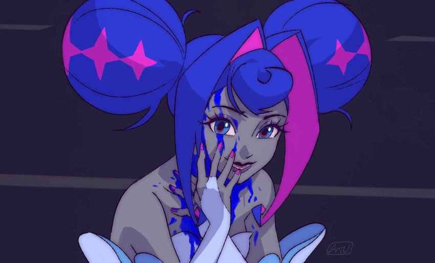 1girl ari_vsart bare_shoulders blood blood_on_face blue_blood blue_eyes blue_hair colored_inner_hair colored_skin derivative_work double_bun dress eyelashes eyeshadow fingernails grey_skin hair_bun hair_intakes highres knights_of_guinevere lips makeup multicolored_hair nail_polish perfect_blue pink_nails princess_guinevere screenshot_redraw smile solo white_dress