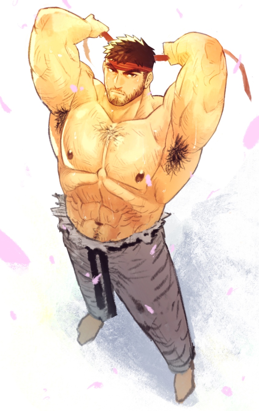 1boy abs absurdres armpit_hair armpits arms_up bara barefoot beard belt black_belt brown_eyes brown_hair cherry_blossoms chest_hair facial_hair falling_petals full_body headband highres looking_at_viewer male_focus mature_male muscular muscular_male nipples pants pectorals petals red_headband ryu_(street_fighter) simple_background solo street_fighter thick_eyebrows topless_male torn_clothes torn_pants toshun_(momotoshi) veins veiny_arms white_background white_pants
