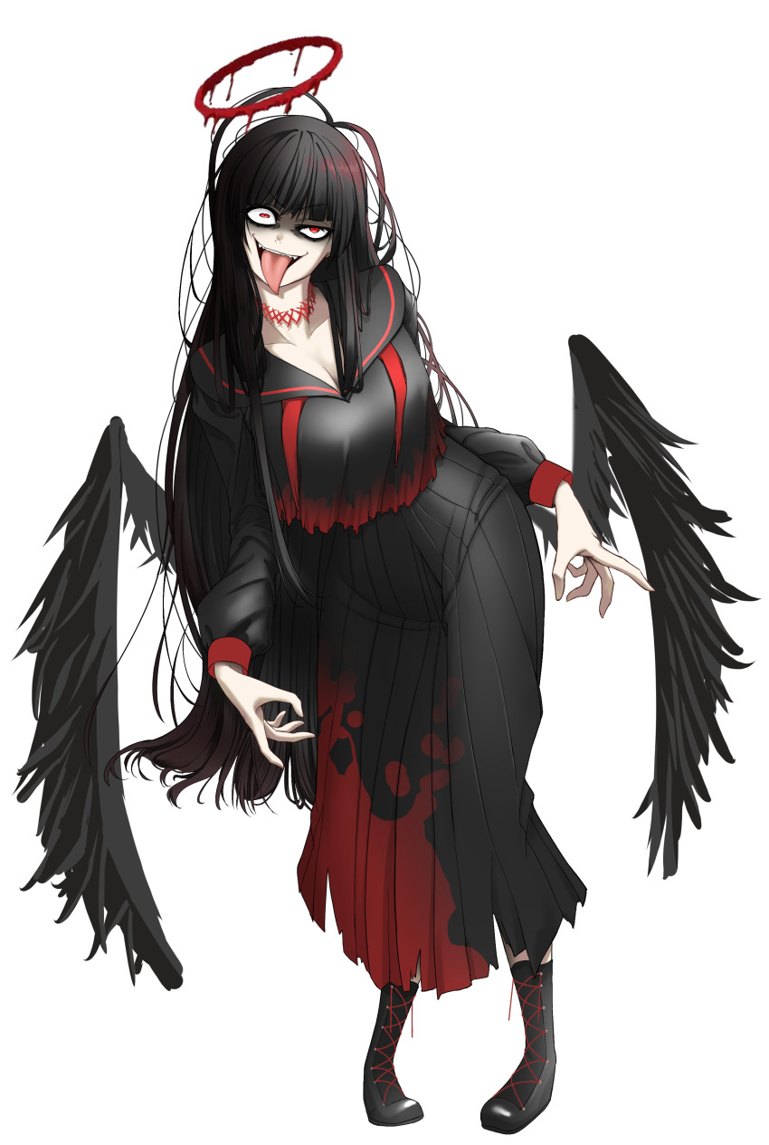 1girl absurdres black_boots black_sailor_collar black_serafuku black_skirt black_wings blood blood_halo blood_on_clothes blue_archive boots breasts cleavage full_body halo highres large_breasts liquid_halo llikop looking_at_viewer low_wings open_mouth pale_skin red_eyes sailor_collar school_uniform serafuku simple_background skirt solo standing tongue tongue_out tsurugi_(blue_archive) white_background wings