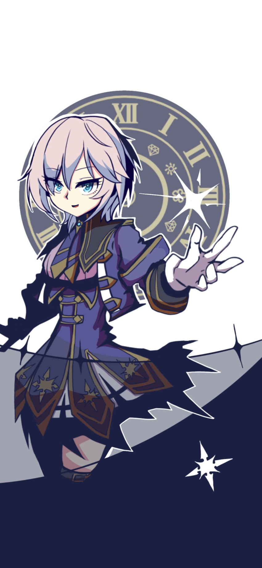 1girl :d absurdres anastasia_(idolmaster) blue_eyes commentary_request cropped_jacket gloves grey_hair grey_shirt hair_between_eyes high-waist_skirt highres idolmaster idolmaster_cinderella_girls idolmaster_cinderella_girls_starlight_stage jacket kawamochi_(kawauti919) looking_at_viewer open_clothes open_jacket open_mouth purple_jacket purple_skirt roman_numeral shirt skirt smile solo sparkle white_background white_gloves