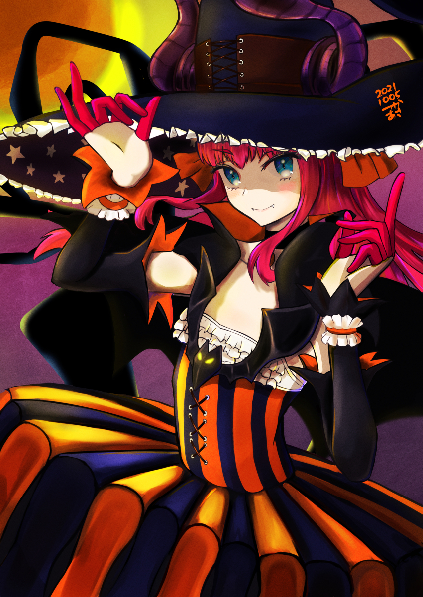 1girl absurdres bat_ornament black_hat black_sleeves blue_dress blue_eyes blush closed_mouth commentary_request dated detached_sleeves dress elizabeth_bathory_(fate) elizabeth_bathory_(halloween_caster)_(fate) fangs fangs_out fate/grand_order fate_(series) finger_cots frills hat highres index_finger_raised long_hair looking_at_viewer orange_dress pink_hair smile solo star_(symbol) star_print striped_clothes striped_dress tsukaasa vertical-striped_clothes vertical-striped_dress witch_hat