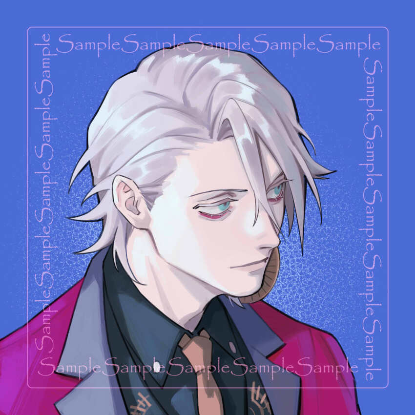 1boy blue_background blue_eyes collared_shirt earrings fate/grand_order fate_(series) fixmeplz formal_clothes highres jacket jewelry karna_(fate) karna_(formal_dress)_(fate) looking_to_the_side male_focus necktie sample_watermark shirt short_hair solo upper_body watermark white_hair