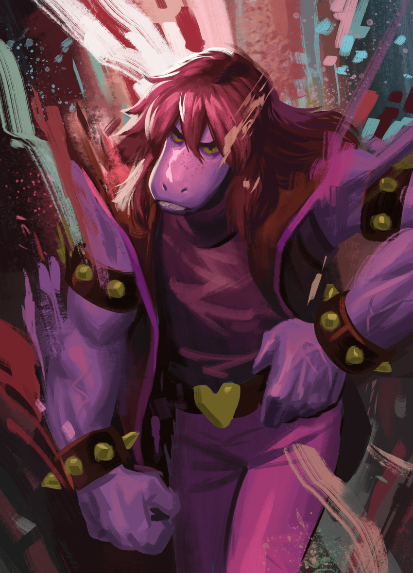 1girl angusburgers armlet bracelet colored_skin cowboy_shot deltarune disco_elysium highres jewelry muscular muscular_female pants purple_pants purple_skin reptile_girl spiked_armlet spiked_bracelet spikes susie_(dark_world)_(deltarune) susie_(deltarune) utdr_(toby_fox)