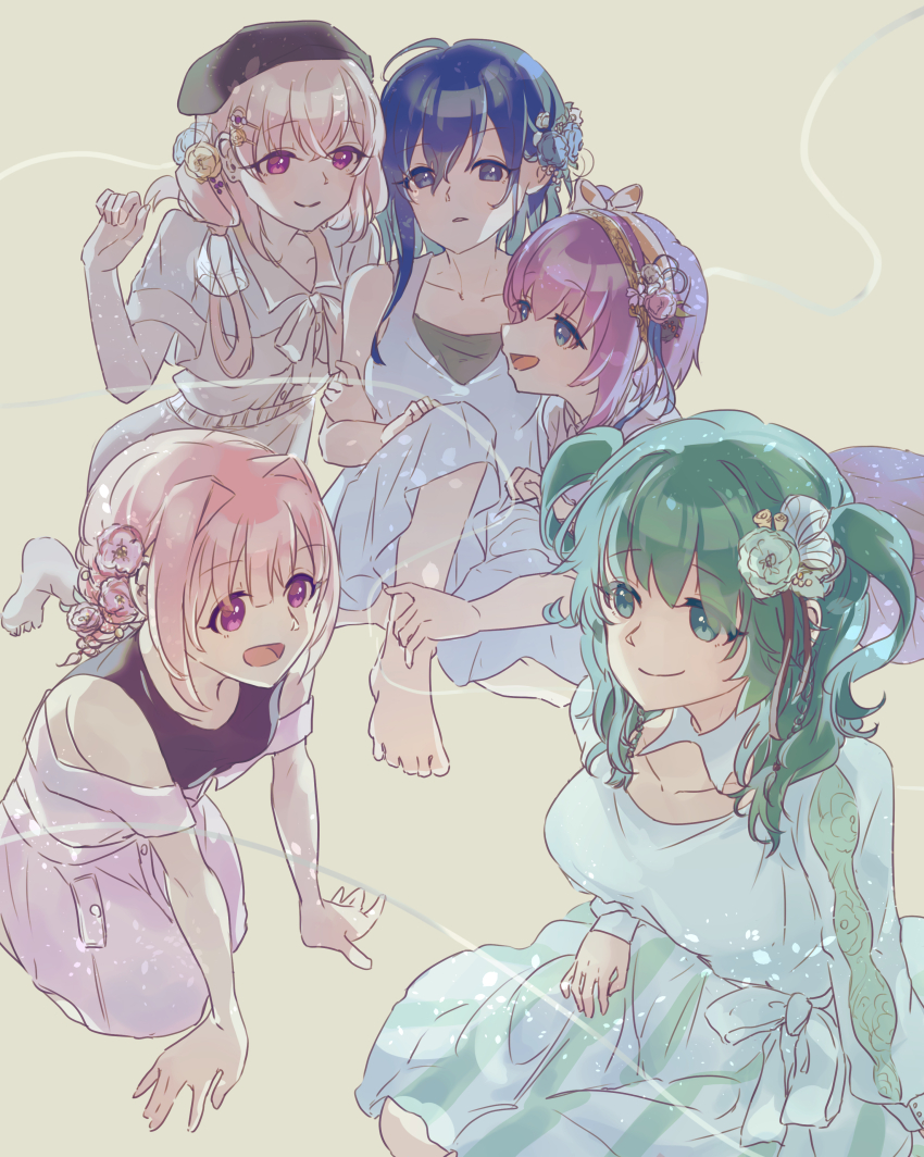 5girls :d absurdres alternate_hairstyle aqua_dress aqua_eyes aqua_hair arm_at_side arm_hug assault_lily bare_arms bare_shoulders barefoot beret black_headwear black_shirt blue_eyes blue_flower blue_hair blue_ribbon blunt_bangs bow bowtie braid breasts brown_bow brown_bowtie brown_dress closed_mouth collarbone crossed_bangs detached_collar dress earrings flower girl_sandwich green_flower hair_between_eyes hair_bow hair_flower hair_intakes hair_ornament hair_ribbon hair_rings hairband hairclip hand_on_another&#039;s_leg hand_on_lap hand_on_own_thigh hand_up hat hayami_katsura high_ponytail highres jewelry jiropi kawanabe_nazuna knee_up kneeling leaning_forward long_hair long_sleeves looking_at_another medium_breasts multiple_girls off-shoulder_dress off_shoulder open_mouth otake_sunao parted_lips pink_dress pink_flower pink_hair ponytail purple_dress purple_eyes purple_hair ribbon sandwiched shirt short_hair short_sleeves short_twintails side-by-side side_braid side_ponytail sidelocks simple_background sitting sleeveless sleeveless_dress sleeveless_shirt smile solo striped_clothes striped_dress stud_earrings suzuki_chinami takehisa_nakaba twin_braids twintails two-tone_dress vertical-striped_clothes vertical-striped_dress wariza white_dress yellow_background yellow_bow yellow_flower yellow_hairband
