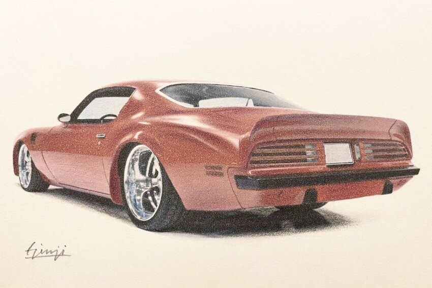 artist_name car from_behind highres matsubara_ginji motor_vehicle muscle_car no_humans original pontiac pontiac_firebird red_car shadow traditional_media vehicle_focus watercolor_pencil_(medium)