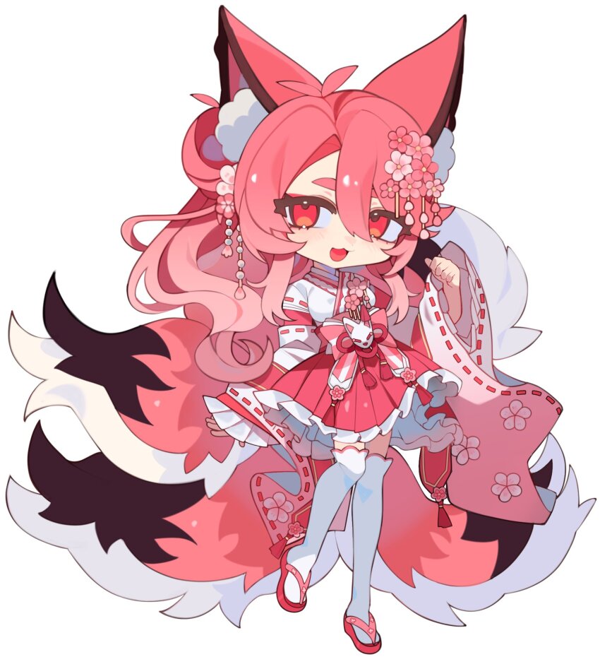 1girl :3 animal_ears antenna_hair arm_at_side art_trade black_tail borrowed_character breasts chibi double-parted_bangs flower fox_ears fox_girl fox_tail full_body gradient_hair hair_between_eyes hair_flower hair_ornament hand_up highres japanese_clothes junky_co kanzashi kitsune long_hair miko multicolored_hair multicolored_tail multiple_tails open_hand open_mouth original parted_hair paw_pose pink_eyes pink_flower pink_hair pink_sandals pink_skirt pink_tail ribbon-trimmed_sleeves ribbon_trim sandals side_part skirt small_breasts solo standing standing_on_one_leg tachi-e tail thighhighs tsumami_kanzashi wavy_hair white_tail white_thighhighs