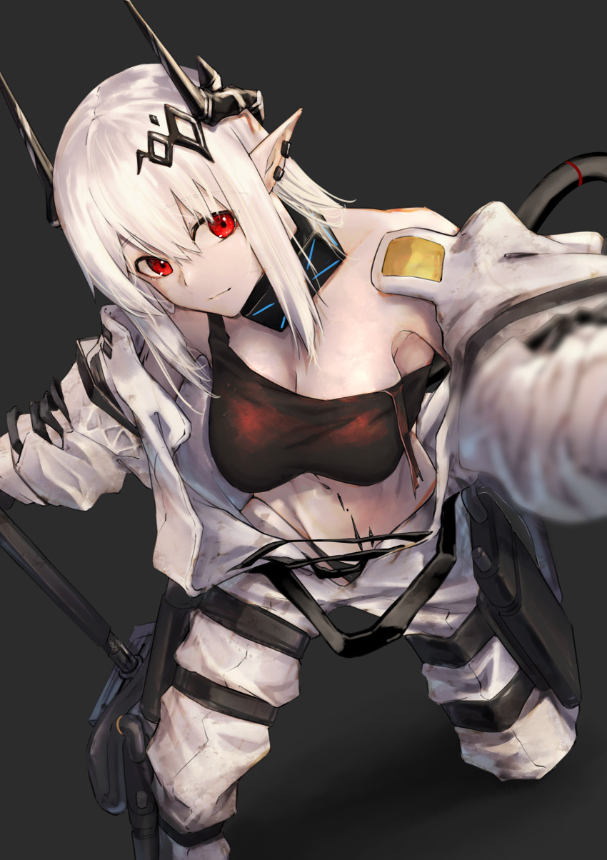 1girl arknights black_background bodysuit breasts demon_girl demon_horns earrings formal_clothes hammer horns jewelry kuromu large_breasts looking_at_viewer midriff mudrock_(arknights) pointy_ears red_eyes simple_background solo suit white_suit