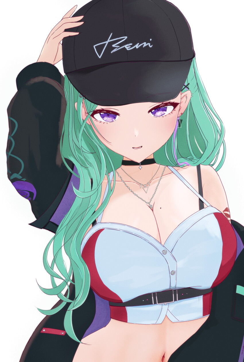 1girl absurdres bare_shoulders belt black_belt black_choker black_hat black_jacket bra_strap breasts character_name chest_belt choker cleavage clothes_writing crop_top earrings green_hair hair_behind_ear hair_ornament hairclip hand_on_headwear hat highres jacket jewelry large_breasts lipstick_mark_tattoo long_hair looking_at_viewer mole mole_on_breast multiple_necklaces navel open_mouth pierced_hat purple_eyes red_bustier shoulder_tattoo simple_background solo spiked_ear_piercing tattoo triangle_earrings tsuzuki_yakumo two-sided_fabric two-sided_jacket two-tone_bustier virtual_youtuber vspo! white_background white_bustier x_hair_ornament yakumo_beni yakumo_beni_(4th_costume)