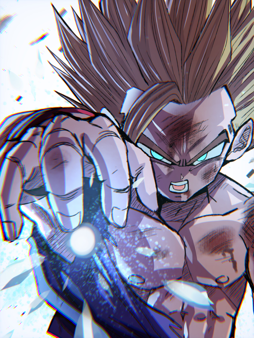 1boy abs blue_eyes blue_shirt chiro_illust collarbone commentary_request dragon_ball dragonball_z energy_orb highres injury looking_at_viewer male_focus medium_hair nipples open_mouth outstretched_arm pectorals scratches shirt solo son_gohan spiked_hair super_saiyan super_saiyan_2 sweat teeth tongue torn_clothes torn_shirt v-shaped_eyebrows white_background
