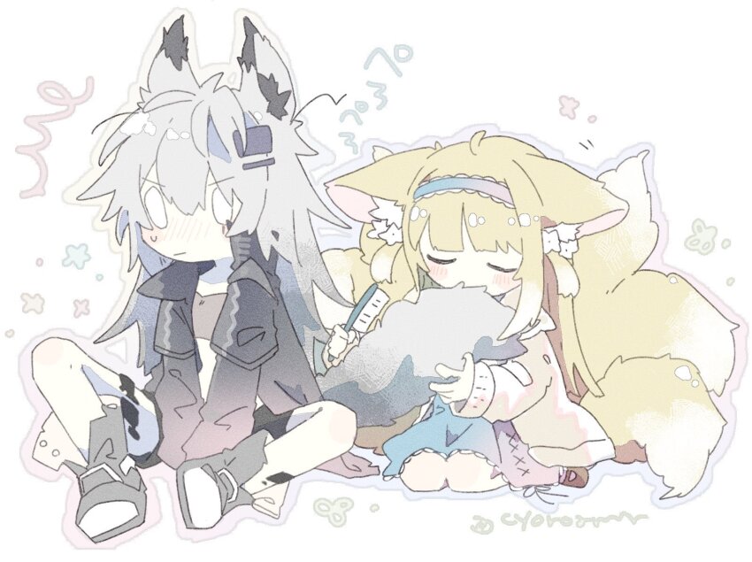 0_0 2girls animal_ear_fluff animal_ears arknights between_legs black_footwear black_jacket blue_hairband blue_skirt blush boots brown_footwear brown_jacket closed_eyes closed_mouth commentary_request fox_ears fox_girl fox_tail grey_hair hair_between_eyes hair_brush hairband hand_between_legs holding holding_brush jacket kitsune lappland_(arknights) long_hair long_sleeves material_growth multiple_girls naguru_(cyoroama) nose_blush open_clothes open_jacket oripathy_lesion_(arknights) puffy_long_sleeves puffy_sleeves shoes signature simple_background skirt sleeves_past_wrists suzuran_(arknights) suzuran_(spring_praise)_(arknights) sweat tail two_side_up very_long_hair white_background