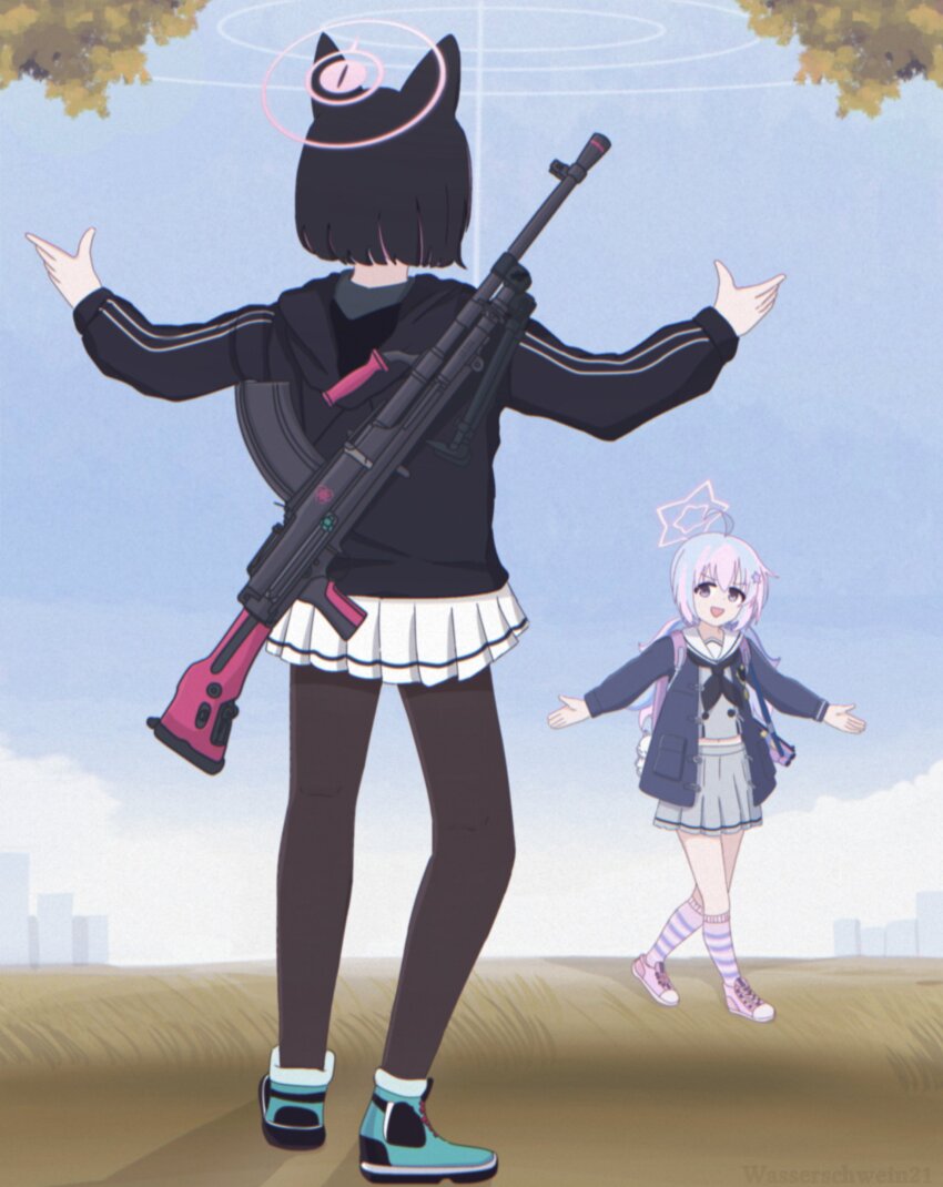 2girls absurdres animal_ears black_hair blue_archive bren_lmg cat_ears gun hair_ornament halo highres hood hoodie kazusa_(blue_archive) light_machine_gun looking_at_another machine_gun multiple_girls outdoors pantyhose pink_halo reisa_(blue_archive) school_uniform shoes short_hair skirt sky tree wasserschwein21 weapon white_hair