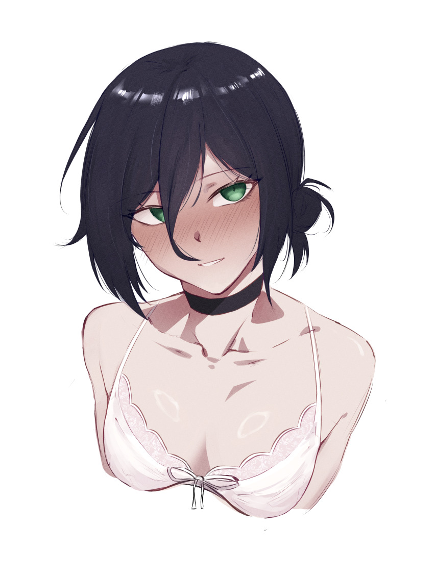1girl absurdres black_choker black_hair blush bra breasts brian_(delknoder) chainsaw_man choker cropped_torso green_eyes hair_bun highres parted_lips reze_(chainsaw_man) simple_background small_breasts solo underwear upper_body white_background white_bra
