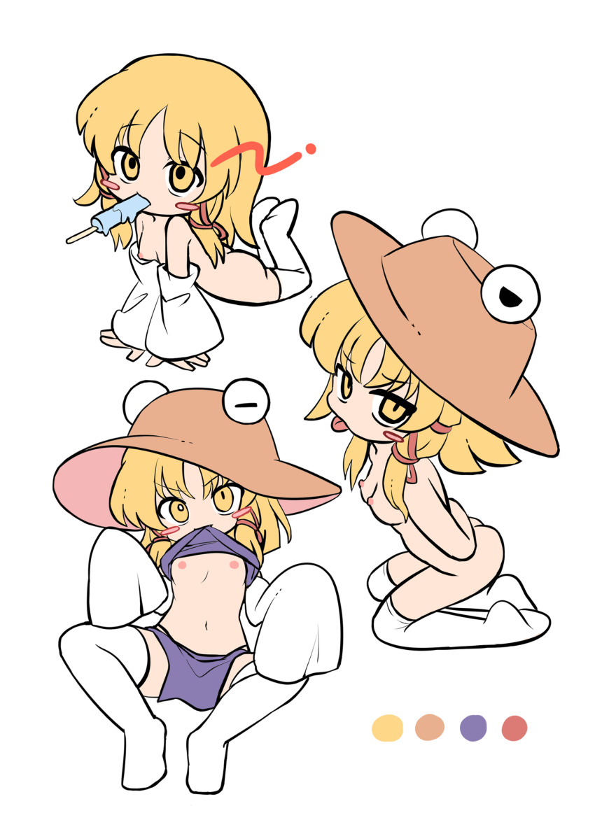1girl absurdres arm_support arms_behind_back arms_up ass blonde_hair blush breasts brown_hat chibi chibi_only clothes_lift detached_sleeves food hair_ribbon hat highres ice_cream lifting_own_clothes looking_at_viewer moriya_suwako mouth_hold navel nipples no_bra nude pyonta ramudia_(lamyun) ribbon shirt_lift short_hair simple_background solo squiggle thighhighs tongue tongue_out touhou tress_ribbon white_background white_thighhighs wide_sleeves yellow_eyes