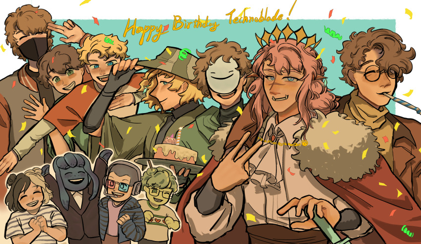 1girl 1other 6+boys absurdres androgynous baiyiaishi324 birthday blonde_hair border cake cape chinese_commentary commentary commentary_request confetti crown dream_(youtuber) english_commentary food fur_trim glasses green_hair happy happy_birthday hat highres holding humanization im_a_squid_kid long_hair male_focus mask minecraft_youtube mixed-language_commentary monster_boy multiple_boys nihachu outside_border ph1lza pig pink_hair ranboo red_cape slime_boy slimecicle smiley_face squid_boy tommyinnit tubbo white_border wilbur_soot