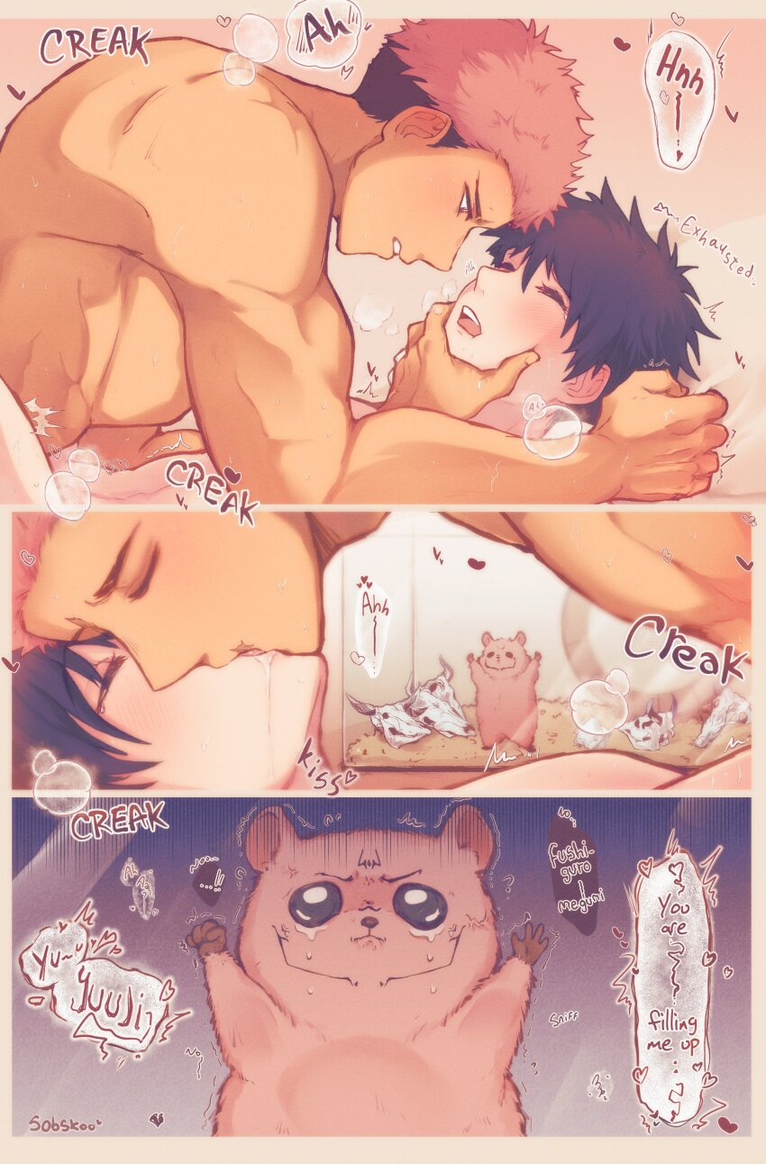 3boys absurdres alternate_form artist_name black_hair blush closed_eyes english_text french_kiss fushiguro_megumi highres itadori_yuuji jujutsu_kaisen kiss male_focus moaning multiple_boys pink_hair ryoumen_sukuna_(jujutsu_kaisen) saliva sex short_hair sobskoo teeth toned toned_male tongue undercut upper_teeth_only yaoi