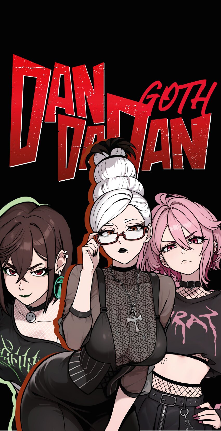 3girls absurdres ayase_momo ayase_seiko beehive_hairdo black_lips black_pants black_shirt black_skirt breasts brown_hair dandadan glasses goth_fashion highres large_breasts lipstick makeup mature_female multiple_girls pants pendant_earring pink_hair redpostit shiratori_aira_(dandadan) shirt skirt tall_hair white_hair