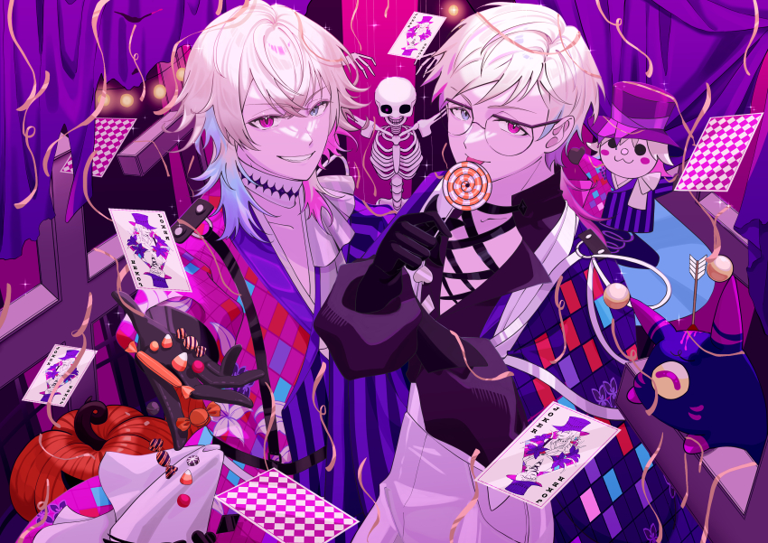 2boys absurdres arrow_(projectile) arrow_in_body arrow_in_head asymmetrical_clothes bettel_2_(gavis_bettel) black_gloves blood blue_eyes blue_hair candy card checkered_clothes commentary creature curtains english_commentary floral_print food gavis_bettel glasses gloves grey_hair halloween hat heterochromia highres holding holding_candy holding_food holding_lollipop holostars holostars_english jack-in-the-box jerry_(gavis_bettel) jester joker_(playing_card) licking lollipop looking_at_viewer male_focus multicolored_hair multiple_boys nostresstuna object_through_head phantom_(gavis_bettel) pink_blood pink_eyes pink_hair playing_card pumpkin reaching reaching_towards_viewer short_hair siblings skeleton smile sparkle streamers sweets swirl_lollipop tongue tongue_out top_hat twins virtual_youtuber white_hair