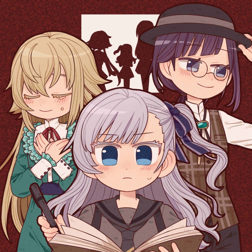 3girls absurdres adjusting_clothes adjusting_headwear aqua_dress black_necktie black_pants black_sailor_collar blonde_hair blue_eyes blue_hair blue_ribbon blunt_bangs blush bolo_tie book bowler_hat brown_headwear brown_vest cantaurus closed_mouth collar collared_shirt colored_eyelashes commentary crossed_arms diagonal_bangs dot_nose dress eyebrows_hidden_by_hair frilled_collar frills gem green_gemstone grey_shirt hair_between_eyes hair_down hair_ribbon happy_tears hat highres holding holding_pen kira_temari komachi_mikura kosho_academy_school_uniform light_blue_hair long_dress long_hair looking_at_object looking_to_the_side low_ponytail magia_record:_mahou_shoujo_madoka_magica_gaiden mahou_shoujo_madoka_magica mihono_seira multiple_girls neck_ribbon necktie official_alternate_costume one_side_up open_book pants pen plaid_clothes plaid_vest ponytail portrait purple_eyes purple_hair red_background red_ribbon ribbon sailor_collar sailor_shirt school_uniform serafuku serious shirt sidelocks silhouette single_sidelock sleeve_cuffs smile suspenders sweat swept_bangs symbol-only_commentary tears upper_body very_long_hair vest wavy_hair white_shirt