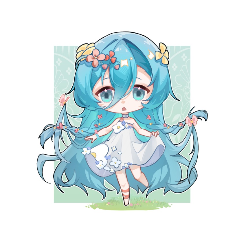 1girl 37_(reverse:1999) alternate_costume bare_arms blue_eyes blue_hair bug butterfly chibi choker dress dugu_jing floral_print_dress flower hair_between_eyes hair_flower hair_ornament highres insect leg_up long_hair pink_butterfly pink_flower reverse:1999 skirt_hold sleeveless sleeveless_dress solo square standing standing_on_one_leg triangle_mouth very_long_hair white_background white_choker white_dress yellow_flower