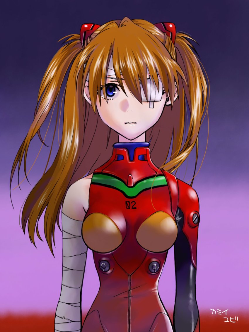 1girl bandaged_arm bandages blue_eyes bodysuit breasts brown_hair expressionless floating_hair hair_ornament highres long_hair long_sleeves looking_at_viewer mecha_pilot_suit medium_breasts neon_genesis_evangelion plugsuit_(evangelion) red_bodysuit shiny_clothes simple_background solo souryuu_asuka_langley standing the_end_of_evangelion twintails two_side_up very_long_hair yubi_kamii