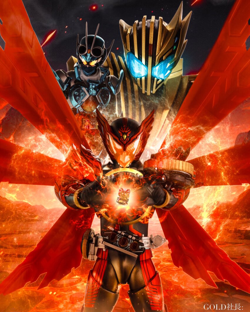 absurdres armor belt compound_eyes core_medal glowing glowing_eyes helmet highres kamen_rider kamen_rider_gotchard kamen_rider_gotchard_(series) kamen_rider_legend kamen_rider_ooo kamen_rider_ooo_(series) mask_and_rider ooo_driver rider_belt taja_spinner