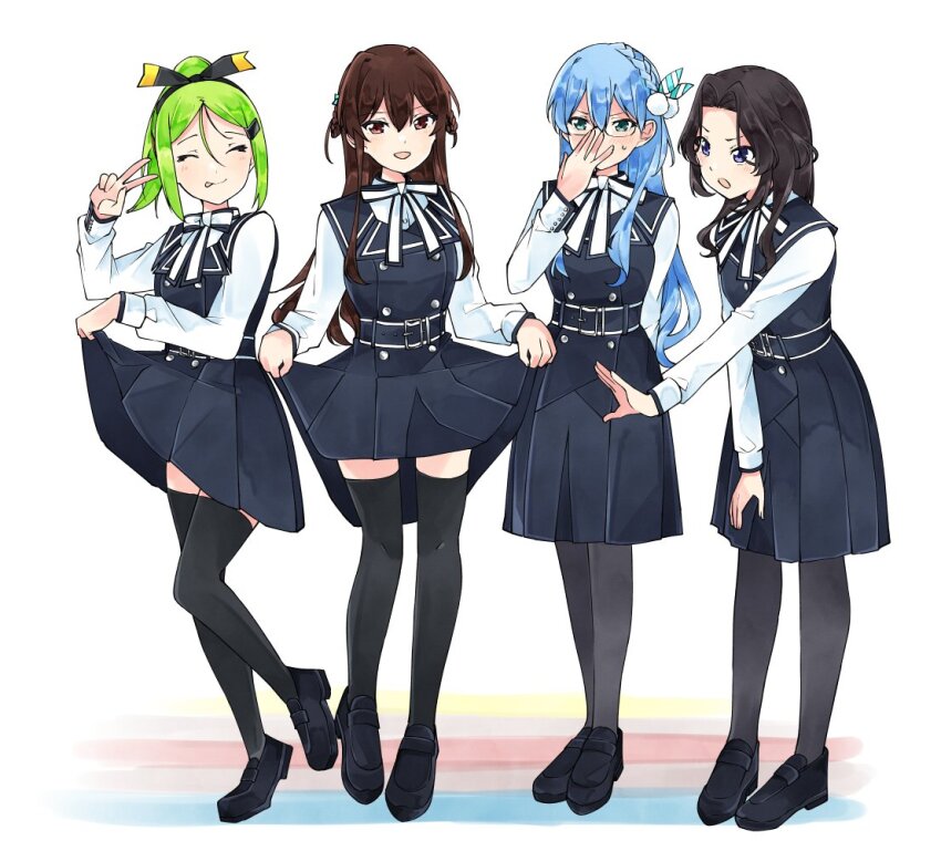 22/7 4girls :p ^_^ adjusting_eyewear belt belt_buckle black_belt black_dress black_hair black_shoes black_thighhighs blue_eyes blue_hair bow bow_hairband braid braided_hair_rings brown_eyes brown_hair buckle buttons closed_eyes curtained_hair diagonal-striped_bow double-breasted dress full_body green_hair grey_eyes grey_pantyhose hair_between_eyes hair_bow hair_ornament hair_rings hairband hairclip high_ponytail keisanchuu_new_costume kiryu_touko light_blue_hair loafers long_hair long_sleeves looking_at_another looking_at_viewer maruyama_akane multiple_girls neck_ribbon open_mouth orihara_sumika pantyhose parted_bangs pinafore_dress pleated_dress pom_pom_(clothes) pom_pom_hair_ornament ponytail rectangular_eyewear ribbon semi-rimless_eyewear shirt shirt_under_dress shoes sidelocks single_braid skirt_hold sleeveless sleeveless_dress standing sweatdrop tachikawa_ayaka thighhighs tongue tongue_out trefle_r twin_braids two-tone_bow two-tone_hairband two_side_up under-rim_eyewear v wavy_hair white_background white_ribbon white_shirt