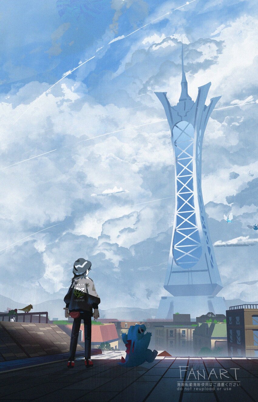 1boy asteroid_ill bird black_hair black_hat black_jacket black_pants cloud cloudy_sky fangs from_behind gen_1_pokemon gen_3_pokemon hat highres jacket long_sleeves lumiose_city nintendo on_rooftop open_mouth outdoors pants paxton_(pokemon) pidgey pokemon pokemon_(creature) pokemon_legends:_z-a prism_tower ralts rooftop shoes short_hair sky smile striped_hat