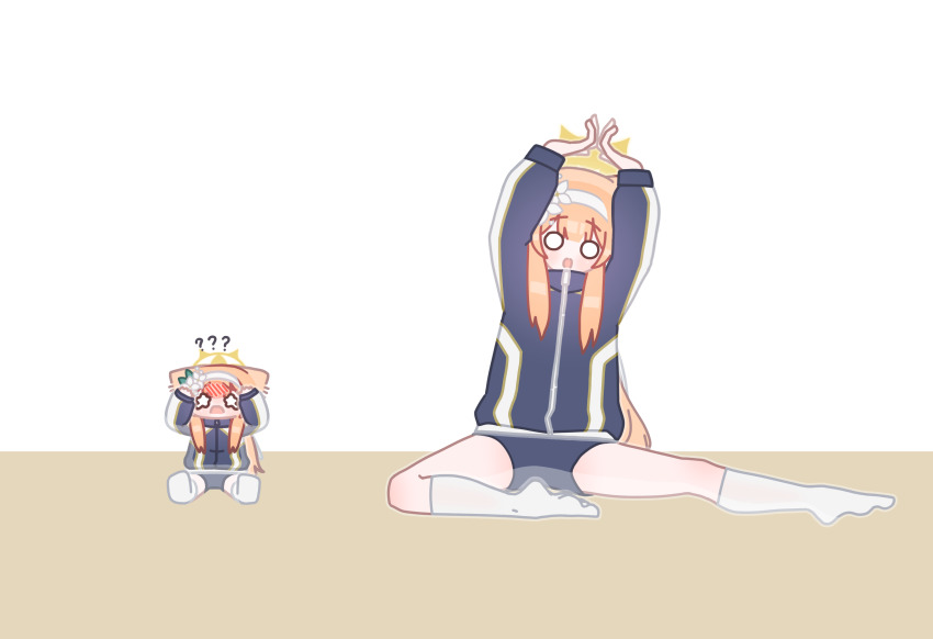 2girls ? ?? absurdres animal_ears arms_up blue_archive blunt_bangs chibi dual_persona flower hairband halo highres horuhara jacket long_hair long_sleeves mari_(blue_archive) mari_(track)_(blue_archive) multicolored_jacket multiple_girls no_nose o_o open_mouth orange_hair short_shorts shorts socks stretching track_jacket very_long_hair wavy_eyes white_flower white_hairband white_socks yellow_halo