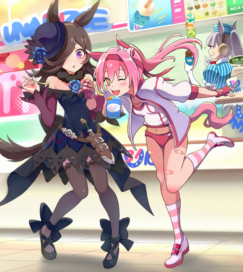 +_+ 3boys :o animal_ears bandaid bandaid_on_leg bare_shoulders belt black_footwear black_thighhighs blue_dress blush brown_hair buruma cash_register cup dagger dress fingerless_gloves flower food gloves gold_ship_(umamusume) hair_over_one_eye hairband haru_urara_(umamusume) hat hat_flower high_heels highres holding holding_cup holding_spoon horse_ears horse_girl horse_tail ice_cream indoors jacket knees_up knife long_hair long_sleeves multiple_boys multiple_scoops navel off-shoulder_dress off_shoulder okken open_mouth pink_gloves pink_hair ponytail purple_eyes rice_shower_(umamusume) sheath sheathed shirt shoes sideways_mouth socks sparkle spoon standing standing_on_one_leg striped_clothes striped_socks tail thighhighs too_many too_many_scoops umamusume weapon white_gloves white_jacket white_shirt