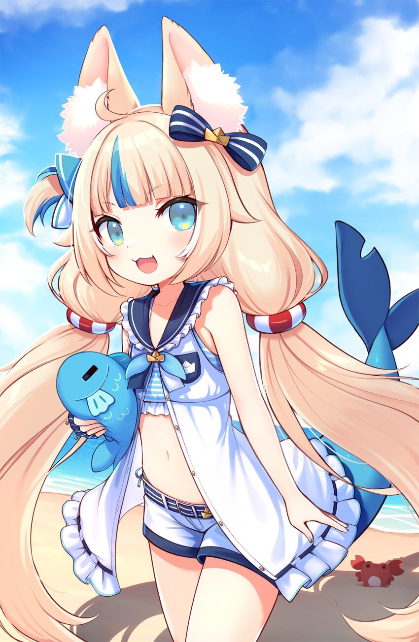 1girl :3 animal_ear_fluff animal_ears blonde_hair blue_eyes blue_hair cowboy_shot crab fins fish fish_girl fish_tail flat_chest highres indie_virtual_youtuber kaniki_(sameko_saba) looking_at_viewer low_twintails melon-fox multicolored_hair navel open_mouth sameko_saba sameko_saba_(fish) short_shorts shorts solo streaked_hair tail twintails virtual_youtuber white_shorts