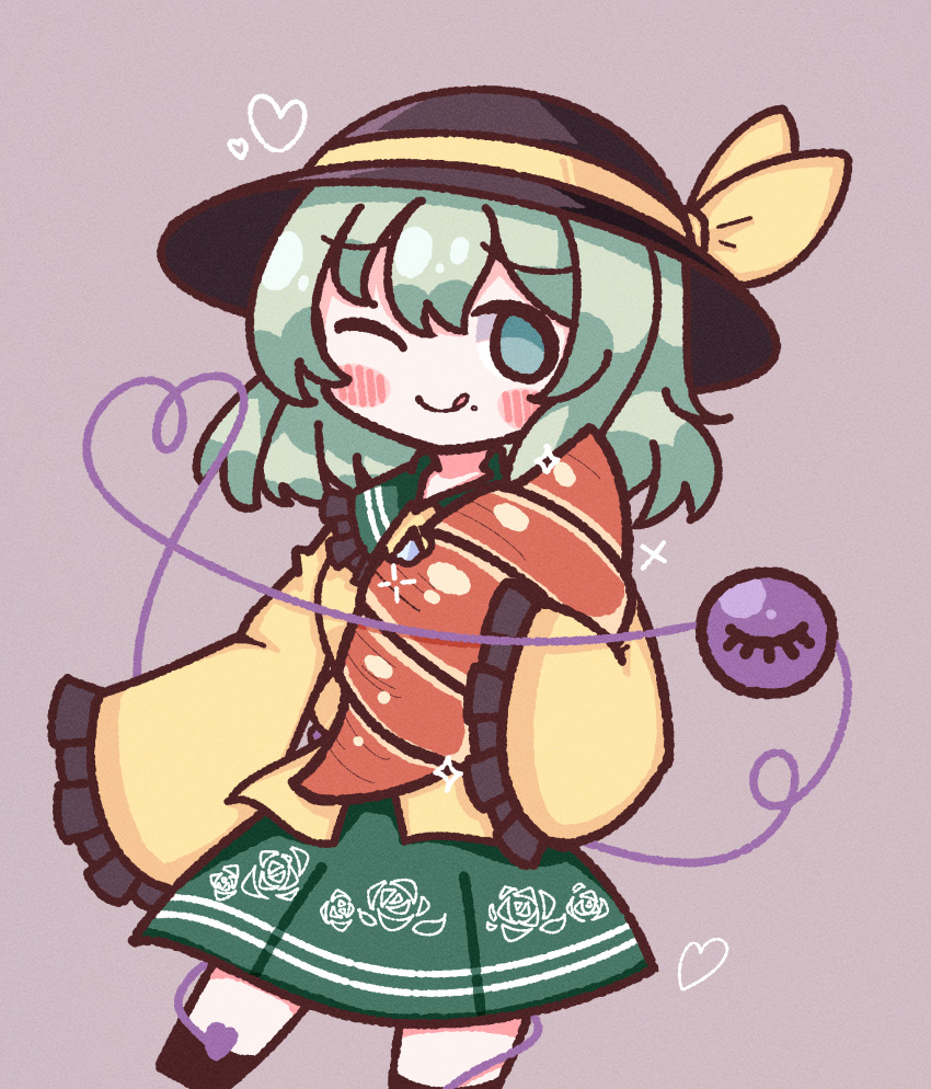 1girl ;) black_hat blush blush_stickers bow closed_mouth croissant floral_print food frilled_shirt_collar frilled_sleeves frills green_eyes green_hair green_skirt hat hat_bow heart heart_of_string highres komeiji_koishi light_green_hair long_sleeves medium_hair one_eye_closed rose_print shirt simple_background skirt sleeves_past_wrists smile solo sparkle standing standing_on_one_leg third_eye tongue tongue_out touhou waroemon yellow_bow yellow_shirt
