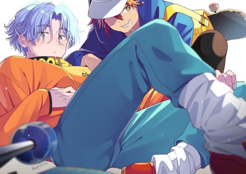 2boys baseball_cap blue_eyes blue_hair closed_mouth grin hand_on_another&#039;s_thigh hasegawa_langa hat highres hood hood_up jacket kyan_reki male_focus multiple_boys pants red_eyes red_hair short_hair sitting sk8_the_infinity skateboard smile socks squatting twitter_username uppi wheel