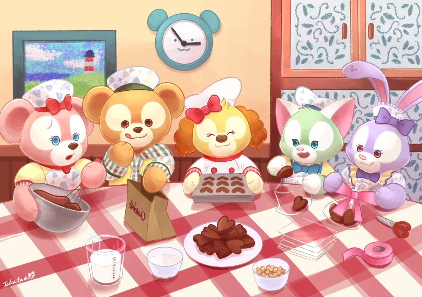2boys 3girls animal_ears bear_girl bow cat_ears cookieann duffy_and_friends duffy_the_disney_bear furry furry_female furry_male gelatoni green_fur highres holding long_sleeves looking_at_viewer multiple_boys multiple_girls rabbit_ears rabbit_girl shelliemay shirt smile stellalou stuffed_animal stuffed_toy takatmaorange