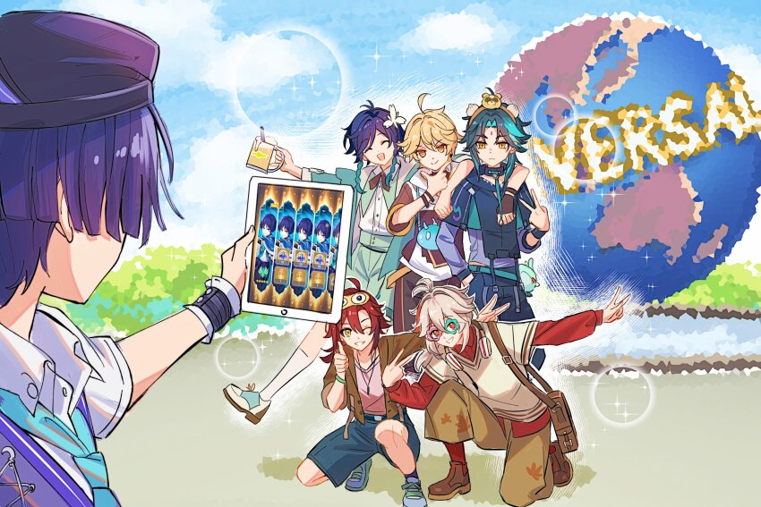 6+boys absurdres aether_(genshin_impact) aether_(guilin)_(genshin_impact) ahoge blonde_hair braided_sidelocks closed_eyes cup fcc_(fengcheche) fingernails genshin_impact green_hair hair_between_eyes hair_ornament highres holding holding_cup kaedehara_kazuha long_sleeves mole mole_under_each_eye mole_under_eye multicolored_hair multiple_boys multiple_moles one_eye_closed red_eyes red_hair scaramouche_(genshin_impact) shikanoin_heizou shorts sidelocks slime_(genshin_impact) streaked_hair universal_studios v venti_(genshin_impact) wanderer_(genshin_impact) white_hair xiao_(genshin_impact) yellow_eyes
