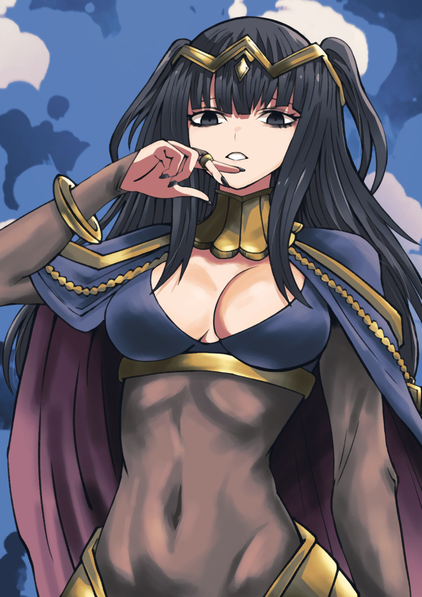 1girl armlet bags_under_eyes batchgooya black_eyes black_hair black_nails blue_background bodystocking breasts bridal_gauntlets cape circlet commentary_request fire_emblem fire_emblem_awakening highres jewelry large_breasts long_hair navel nintendo solo standing teeth tharja_(fire_emblem) two_side_up