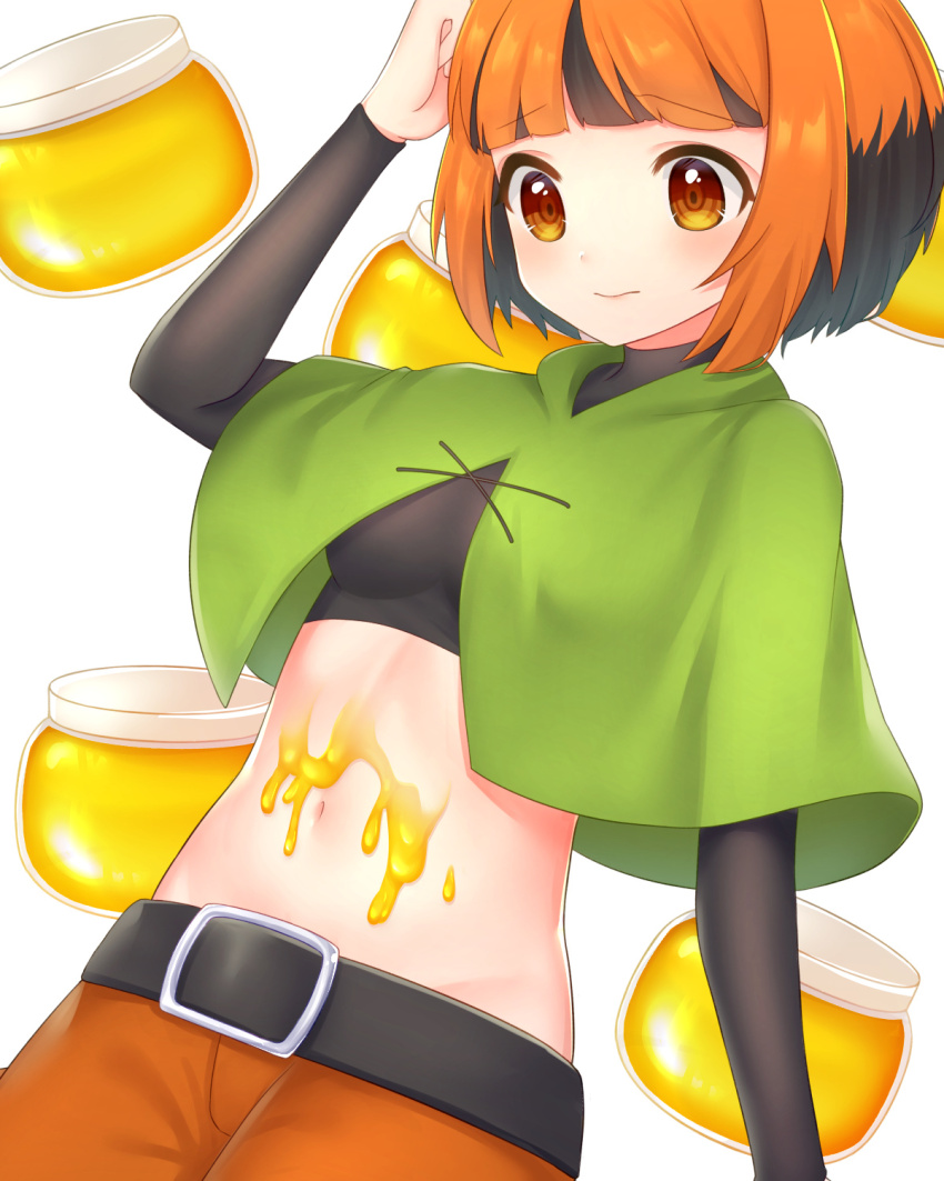1girl belt belt_buckle black_hair blush buckle capelet cargo_shorts cowboy_shot crop_top food_on_body frown gardenia_(pokemon) groin highres honey jar looking_down multicolored_hair navel nintendo orange_hair pokemon pokemon_dppt short_hair shorts solo takahara two-tone_hair undershirt white_background