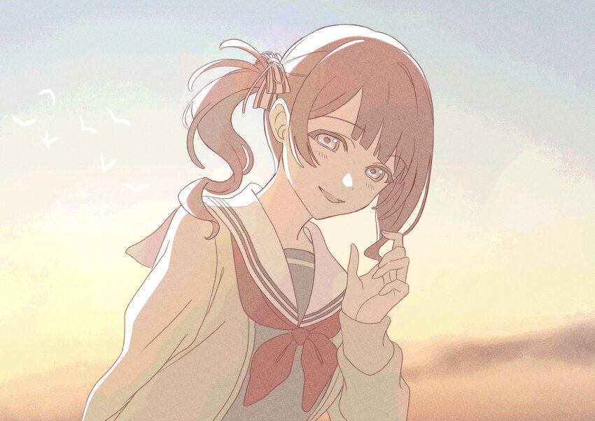 1girl arched_bangs arm_at_side backlighting bent_over bird blouse blue_eyes blunt_bangs bow brown_hair cardigan clear_sky day dot_nose double_horizontal_stripe evening fingernails flock gradient_sky grey_shirt grey_sky hair_ribbon half-closed_eyes hand_up highres horizontal-striped_ribbon light_blush light_smile looking_at_viewer miyamasuzaka_girls&#039;_academy_school_uniform mochizuki_honami neckerchief open_cardigan open_clothes orange_sky outdoors parted_lips pato_(ptro) project_sekai red_neckerchief ribbon sailor_collar school_uniform shirt side_ponytail single_sidelock sky sleeve_cuffs solo striped_clothes striped_ribbon sunlight sunset tareme thick_eyelashes upper_body wavy_hair white_bird white_bow white_ribbon white_sailor_collar yellow_cardigan yellow_sky