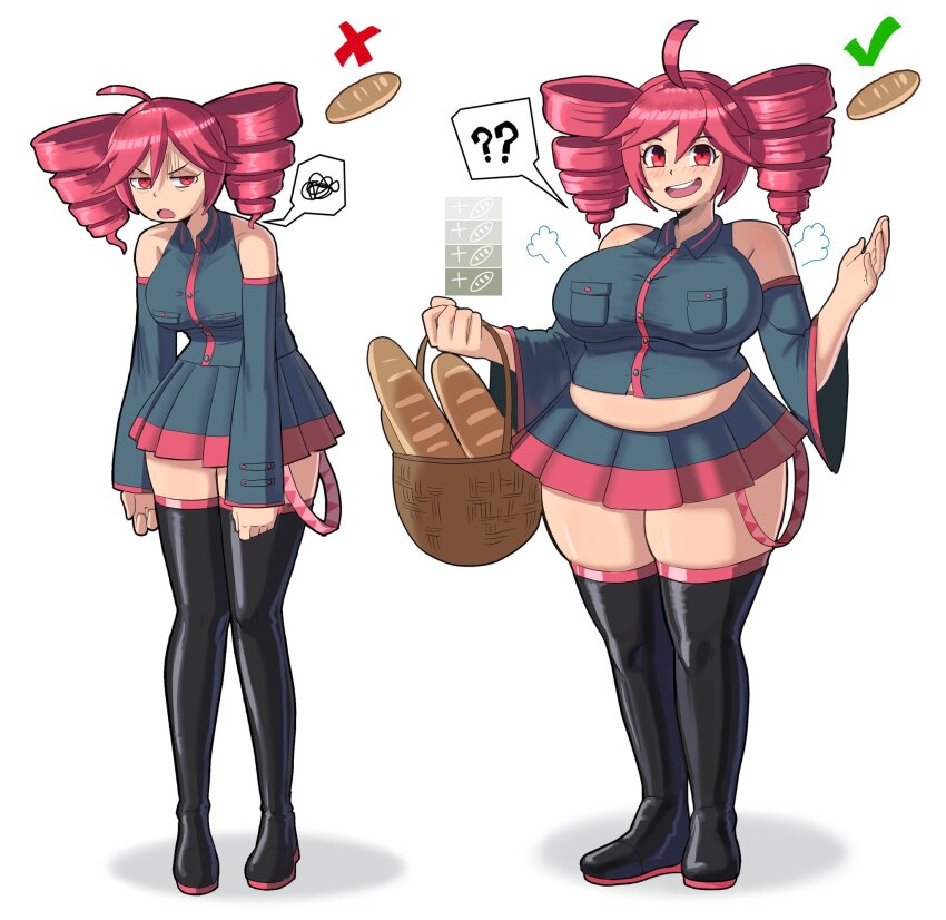 2girls ? ahoge bags_under_eyes baguette basket belly black_shirt black_skirt black_sleeves blush boots bread breasts detached_sleeves drill_hair food hair_tubes holding holding_basket hunched_over kasane_teto large_breasts loaf_of_bread medium_breasts miniskirt muffin_top multiple_girls open_mouth plump red_eyes red_hair shaded_face shirt skirt sleeveless sleeveless_shirt smile spoken_question_mark spoken_squiggle squiggle standing tallinax thick_thighs thigh_boots thighs tight_clothes twin_drills vocaloid weight_gain white_background
