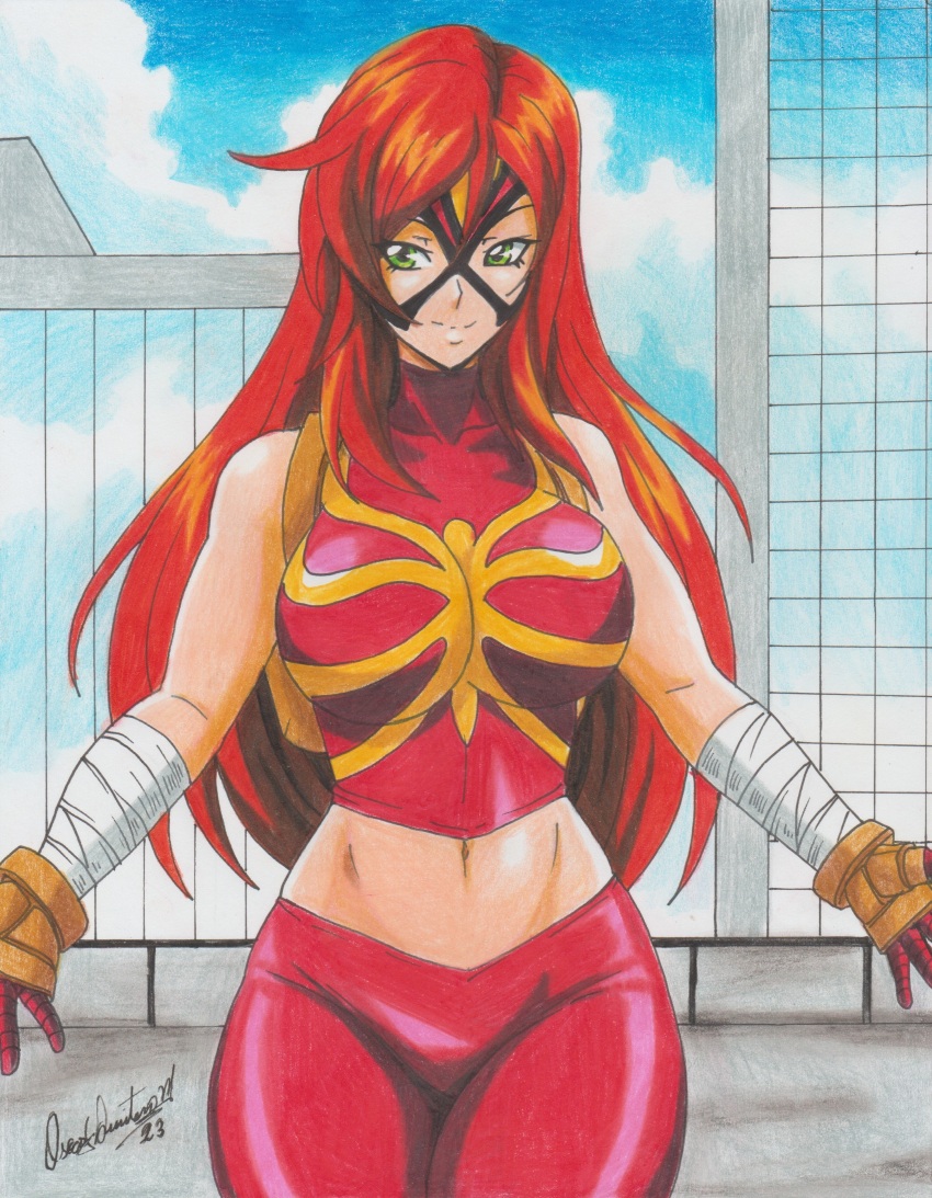 1girl 2023 absurdres backpack bag bandaged_arm bandages bodysuit breasts building commission gloves green_eyes highres large_breasts long_hair marvel mary_jane_watson mask mask_on_head navel outdoors ravernclouk_design red_bodysuit red_hair solo spider-man_(series) spider-woman