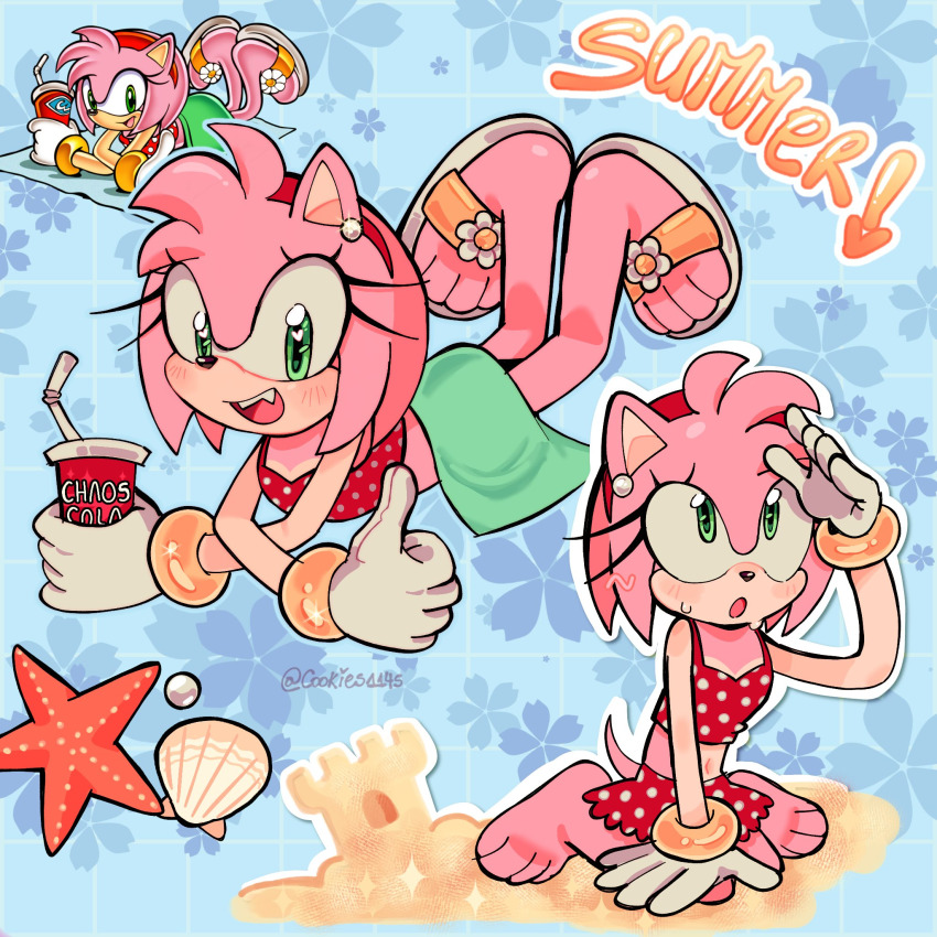 1girl :o amy_rose barefoot bra bracelet child clam_shell cookies114s cup disposable_cup feet gloves green_eyes hairband hedgehog highres jewelry kneeling lying medium_hair pink_fur pink_hair sand sandals sega soda sonic_(series) sonic_adventure starfish sweat sweatdrop swimsuit swimsuit_skirt tail toes towel underwear