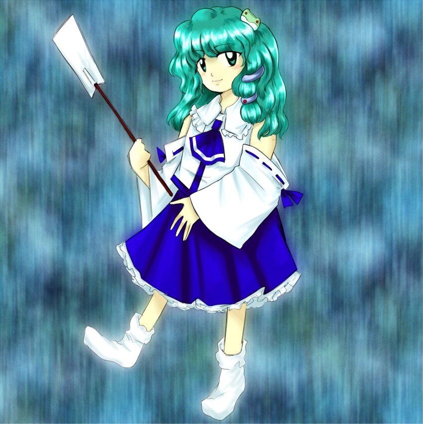 1girl ascot bad_id bad_twitter_id bare_shoulders blue_ascot blue_background blue_ribbon blue_skirt blush_stickers closed_mouth collared_shirt commentary detached_sleeves embodiment_of_scarlet_devil english_commentary frilled_shirt_collar frilled_skirt frills frog_hair_ornament full_body gohei green_eyes green_hair hair_ornament highres holding holding_gohei kochiya_sanae long_hair long_sleeves looking_at_viewer luo_qiangwei medium_skirt parody pink_lips pleated_skirt ribbon ribbon-trimmed_sleeves ribbon_trim shirt skirt sleeve_ribbon smile snake_hair_ornament socks solo style_parody touhou white_shirt white_sleeves white_socks wide_sleeves zun_(style)