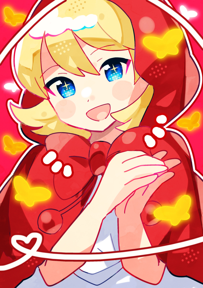 +_+ 1girl :d anidler91 b.b._hood blonde_hair blue_eyes bow bowtie bug butterfly cape commentary_request darkstalkers double-parted_bangs hair_between_eyes hands_up heart heart_of_string highres hood hood_up hooded_cape insect looking_at_viewer open_mouth outline own_hands_together red_background red_bow red_bowtie red_cape short_hair simple_background smile solo white_butterfly white_outline yellow_butterfly