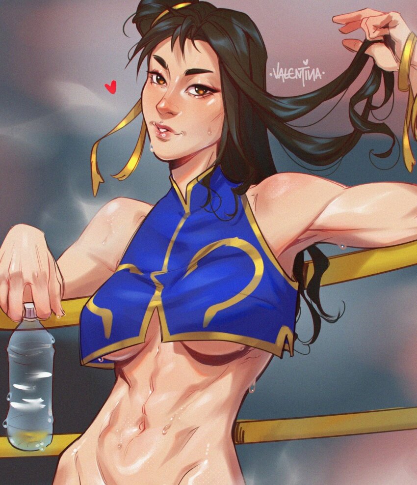 1girl artist_name black_hair blue_shirt blurry blurry_background bottle breasts brown_eyes capcom chun-li crop_top heart highres long_hair looking_at_viewer medium_breasts navel shirt sleeveless sleeveless_shirt solo street_fighter underboob upper_body valentina_tavolilla water_bottle