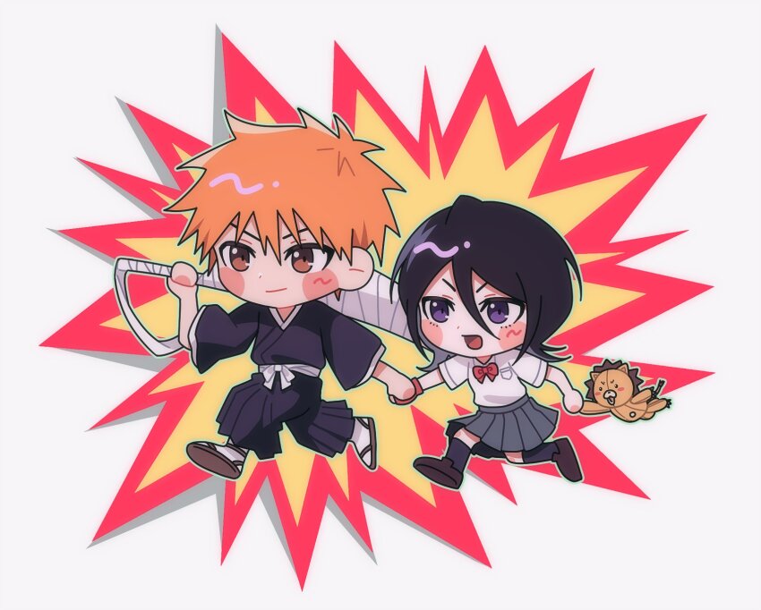 &gt;:) 1boy 1girl black_hair black_hakama black_kimono black_socks bleach blush_stickers bow bowtie brown_eyes chibi chibi_only commentary double-parted_bangs eyebrows_hidden_by_hair flipped_hair full_body gloves grey_skirt gwao_(_ul_13) hair_between_eyes hakama highres holding_hands japanese_clothes karakura_high_school_uniform kimono kon_(bleach) korean_commentary kuchiki_rukia kurosaki_ichigo long_sleeves looking_ahead medium_hair orange_hair pleated_skirt purple_eyes red_bow red_bowtie red_gloves school_uniform shirt short_hair short_sleeves simple_background single_glove skirt socks spiked_hair stuffed_animal stuffed_lion stuffed_toy v-shaped_eyebrows walking white_background white_shirt wide_sleeves