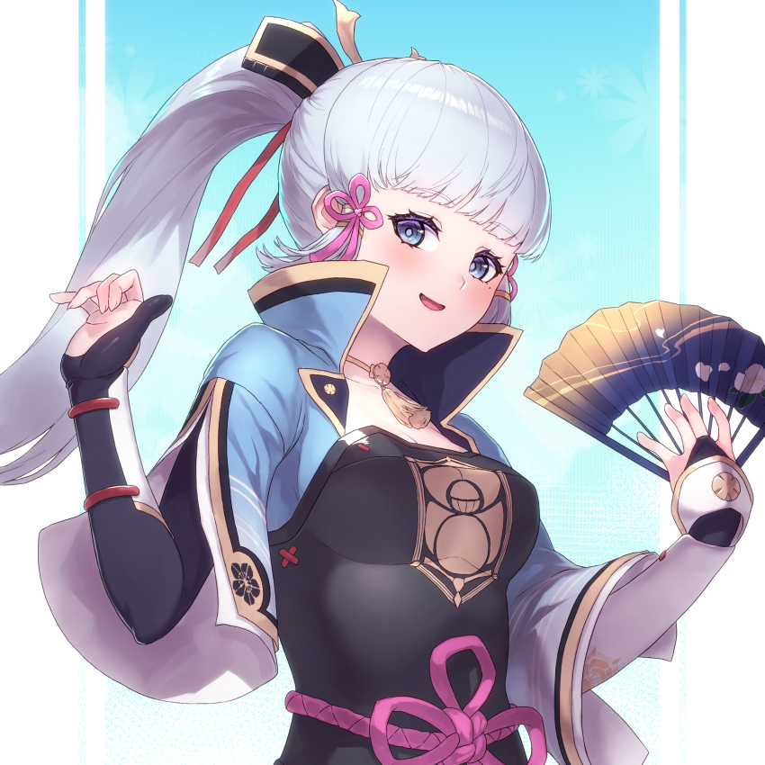 1girl :d absurdres armor ayaka_(genshin_impact) black_gloves blue_eyes blunt_bangs blush breasts bridal_gauntlets commentary dou elbow_gloves flower_knot folding_fan genshin_impact gloves hair_ribbon hand_fan hands_up high_collar highres holding holding_fan japanese_armor long_hair looking_at_viewer medium_breasts mole mole_under_eye open_mouth partially_fingerless_gloves ponytail red_ribbon ribbon shoulder_armor single_bridal_gauntlet single_elbow_glove smile sode solo tassel upper_body white_hair wide_sleeves yu_mochi_(kamiinu)